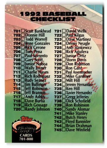 Vintage 1992 Topps Stadium Club baseball card checklist with original gloss NM-MT