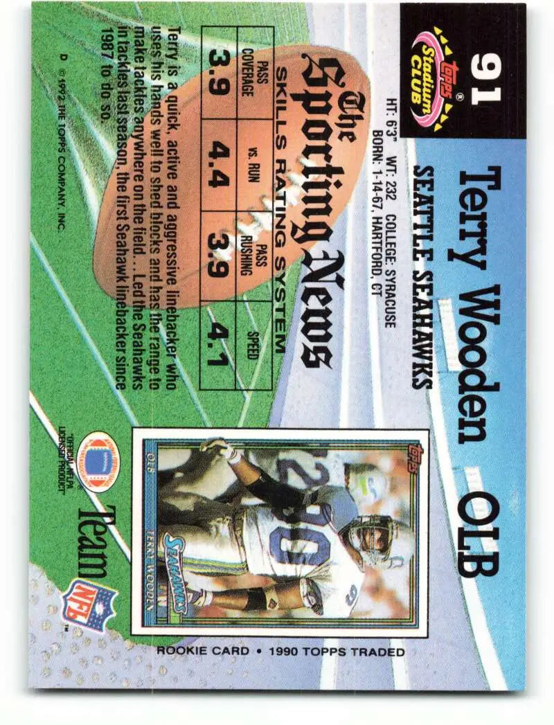 1992 Topps Stadium Club #91 Terry Wooden EX Excellent Seattle Seahawks Football Card - Football Card Single