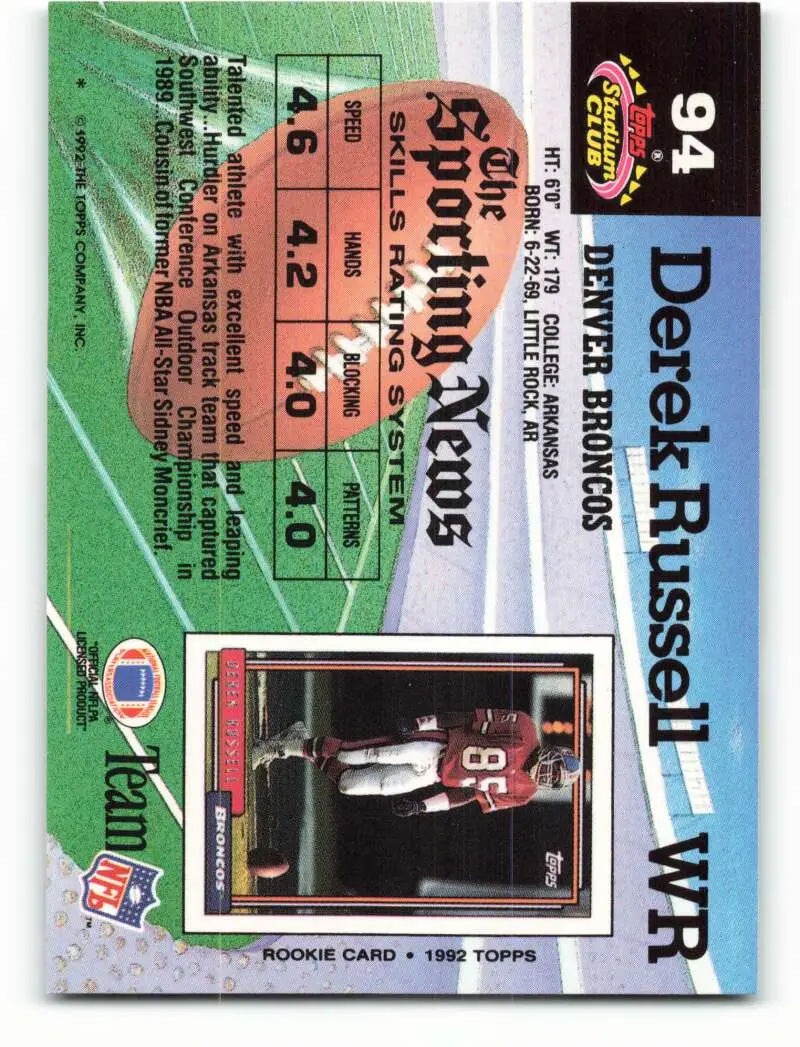 1992 Topps Stadium Club #94 Derek Russell EX Excellent Denver Broncos Football Card - Football Card Single