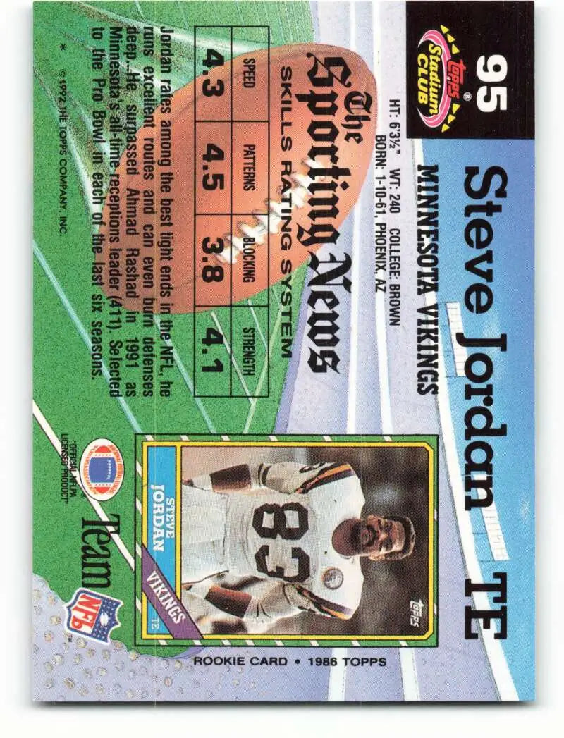 1992 Topps Stadium Club #95 Steve Jordan EX Excellent Minnesota Vikings Football Card - Football Card Single