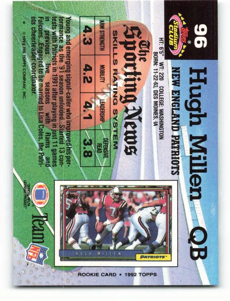 1992 Topps Stadium Club #96 Hugh Millen EX Excellent New England Patriots Football Card - Football Card Single