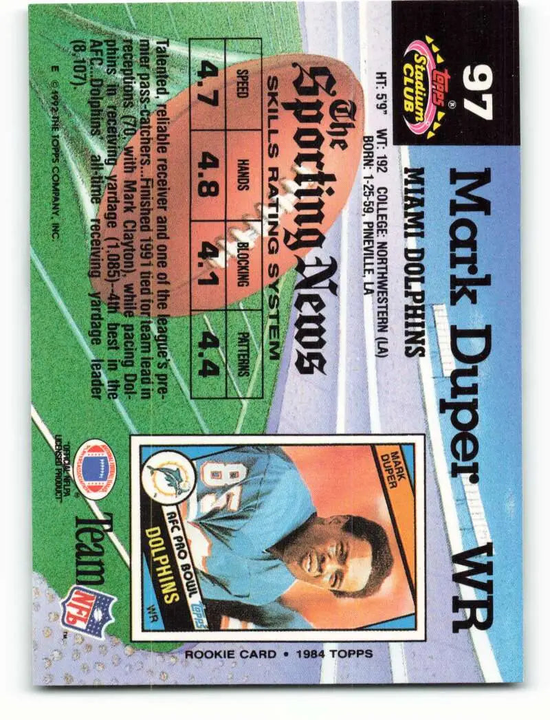 1992 Topps Stadium Club #97 Mark Duper EX Excellent Miami Dolphins Football Card - Football Card Single