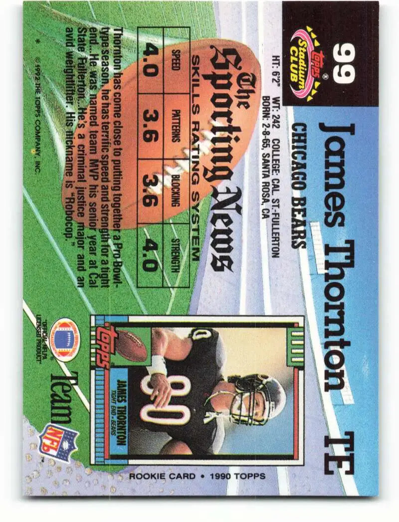 1992 Topps Stadium Club #99 James Thornton EX Excellent Chicago Bears Football Card - Football Card Single