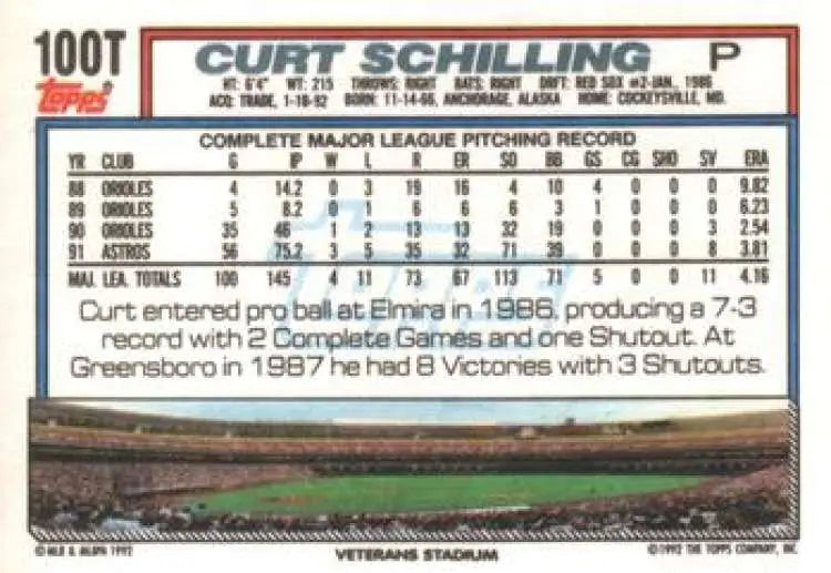 1992 Topps Traded #100T Curt Schilling NM-MT Philadelphia Phillies Baseball Card - Baseball Card Single