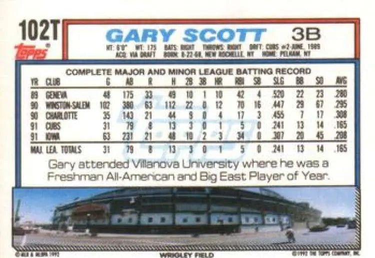 1992 Topps Traded #102T Gary Scott NM-MT Chicago Cubs Baseball Card - Baseball Card Single