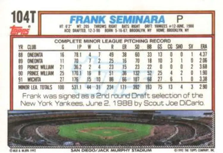 1992 Topps Traded #104T Frank Seminara NM-MT RC Rookie San Diego Padres Baseball Card - Baseball Card Single