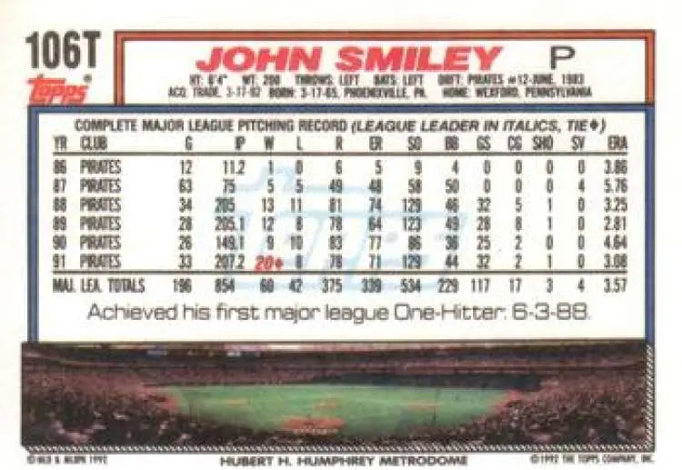 1992 Topps Traded #106T John Smiley NM-MT Minnesota Twins Baseball Card - Baseball Card Single