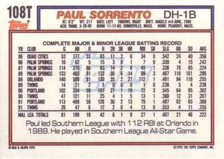 1992 Topps Traded #108T Paul Sorrento NM-MT Cleveland Indians Baseball Card - Baseball Card Single