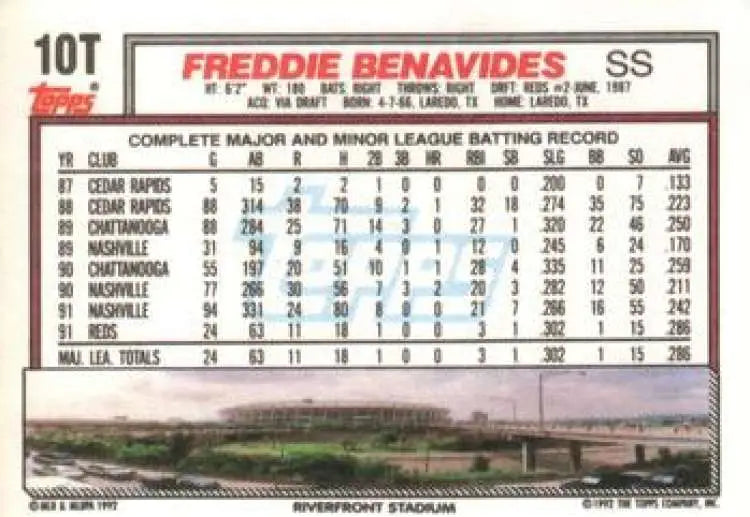 1992 Topps Traded #10T Freddie Benavides NM-MT Cincinnati Reds Baseball Card - Baseball Card Single