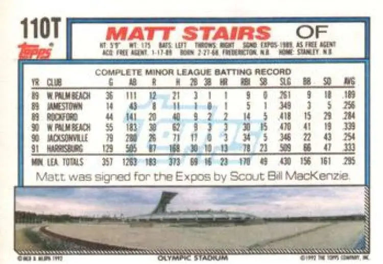 1992 Topps Traded #110T Matt Stairs NM-MT RC Rookie Montreal Expos Baseball Card - Baseball Card Single