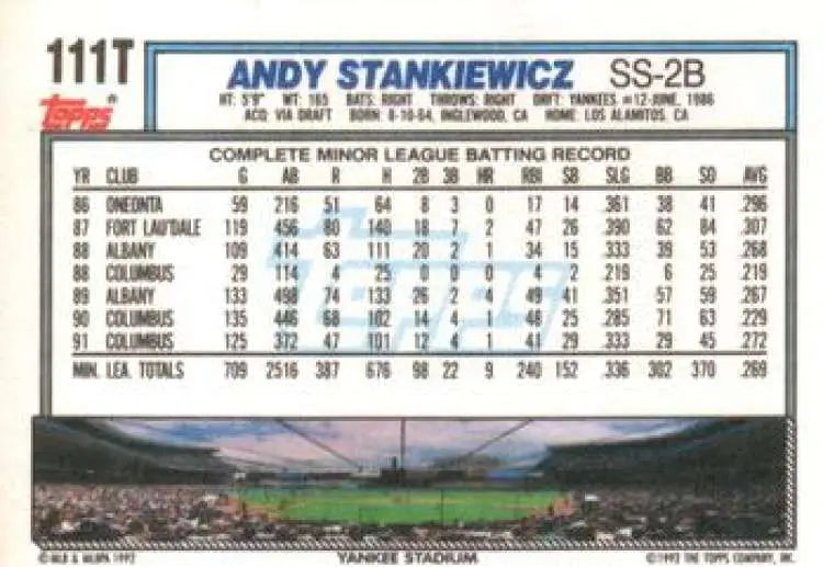 1992 Topps Traded #111T Andy Stankiewicz NM-MT New York Yankees Baseball Card - Baseball Card Single