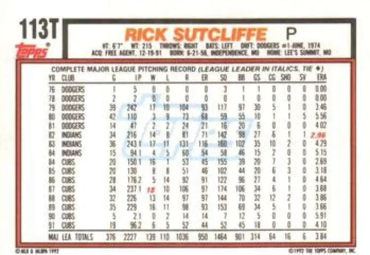 1992 Topps Traded #113T Rick Sutcliffe NM-MT Baltimore Orioles Baseball Card - Baseball Card Single