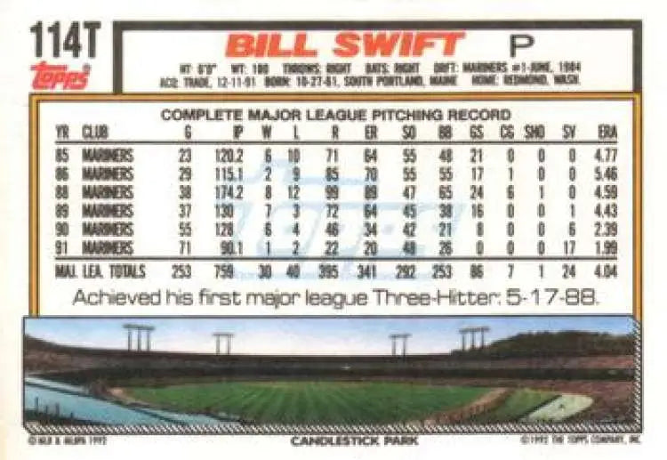1992 Topps Traded #114T Bill Swift NM-MT San Francisco Giants Baseball Card - Baseball Card Single