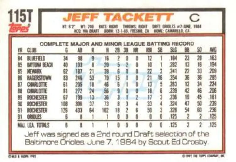 1992 Topps Traded #115T Jeff Tackett NM-MT Baltimore Orioles Baseball Card - Baseball Card Single