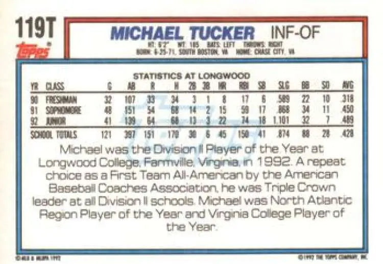 1992 Topps Traded #119T Michael Tucker NM-MT RC Rookie USA Baseball Card - Baseball Card Single