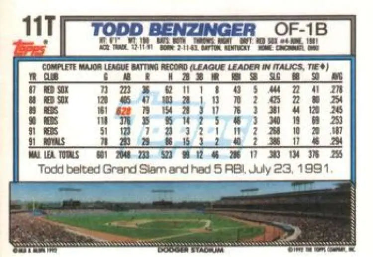 1992 Topps Traded #11T Todd Benzinger NM-MT Los Angeles Dodgers Baseball Card - Baseball Card Single