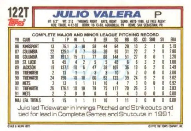 1992 Topps Traded #122T Julio Valera NM-MT California Angels Baseball Card - Baseball Card Single