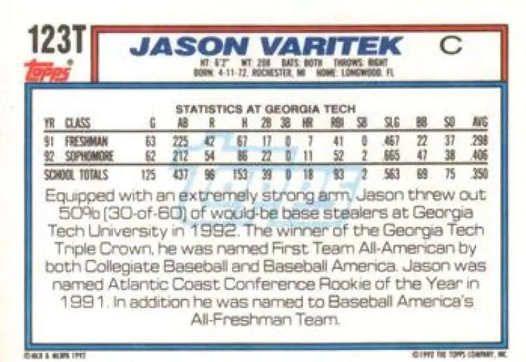 1992 Topps Traded #123T Jason Varitek NM-MT RC Rookie USA Baseball Card - Baseball Card Single