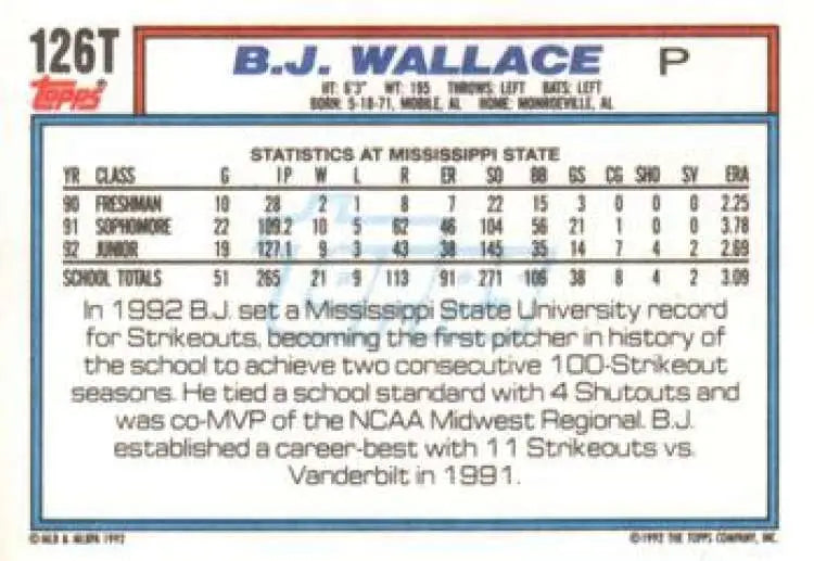 1992 Topps Traded #126T B.J. Wallace NM-MT RC Rookie USA Baseball Card - Baseball Card Single