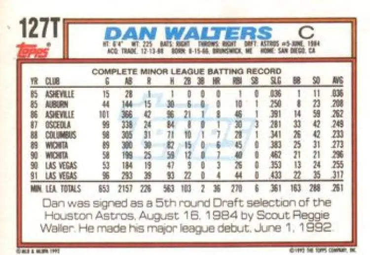 1992 Topps Traded #127T Dan Walters NM-MT San Diego Padres Baseball Card - Baseball Card Single