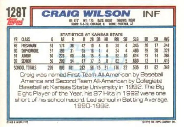 1992 Topps Traded #128T Craig Wilson NM-MT USA Baseball Card - Baseball Card Single