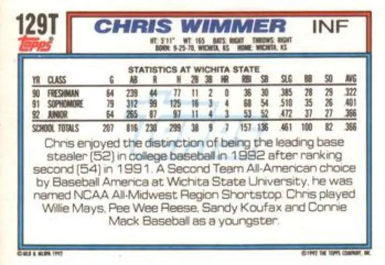 1992 Topps Traded #129T Chris Wimmer NM-MT USA Baseball Card - Baseball Card Single
