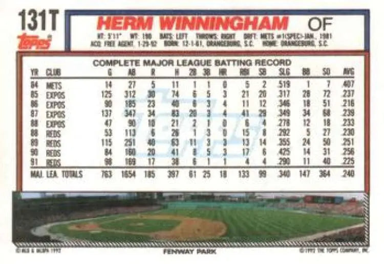 1992 Topps Traded #131T Herm Winningham NM-MT Boston Red Sox Baseball Card - Baseball Card Single