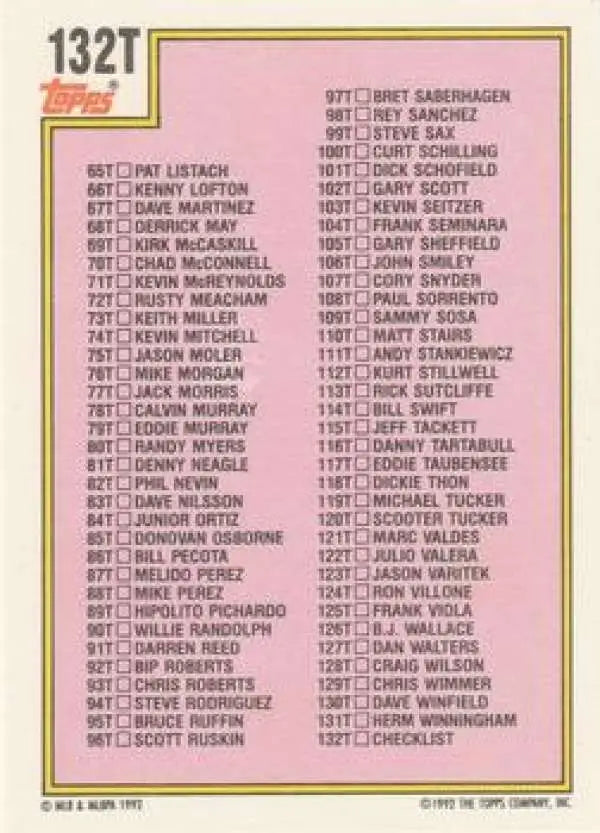 1992 Topps Traded #132T Checklist 1T-132T NM-MT Baseball Card - Baseball Card Single