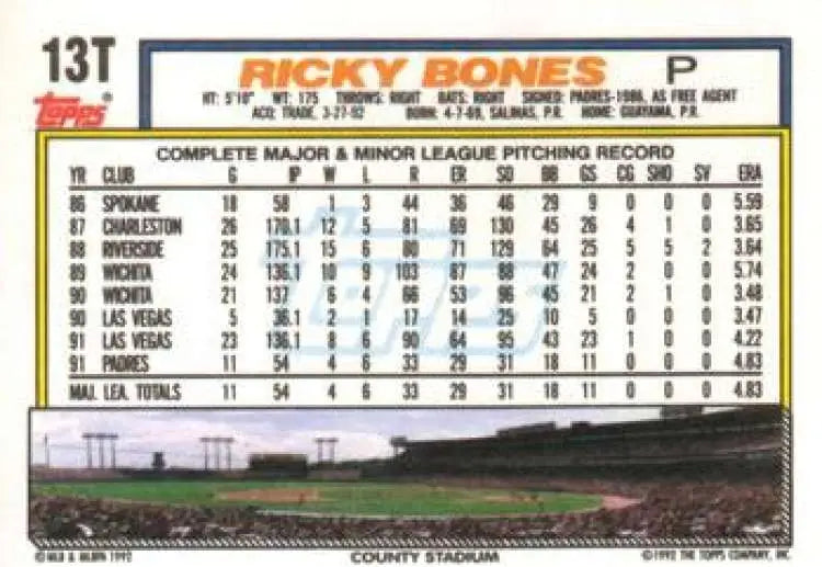1992 Topps Traded #13T Ricky Bones NM-MT Milwaukee Brewers Baseball Card - Baseball Card Single
