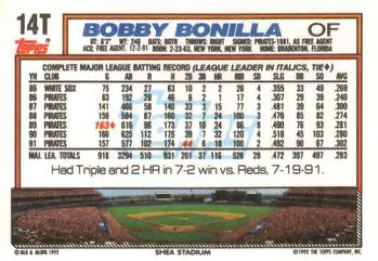 1992 Topps Traded #14T Bobby Bonilla NM-MT New York Mets Baseball Card - Baseball Card Single