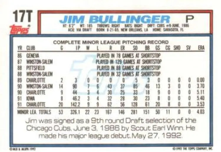 1992 Topps Traded #17T Jim Bullinger NM-MT Chicago Cubs Baseball Card - Baseball Card Single