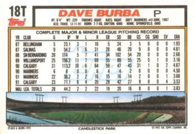 1992 Topps Traded #18T Dave Burba NM-MT San Francisco Giants Baseball Card - Baseball Card Single