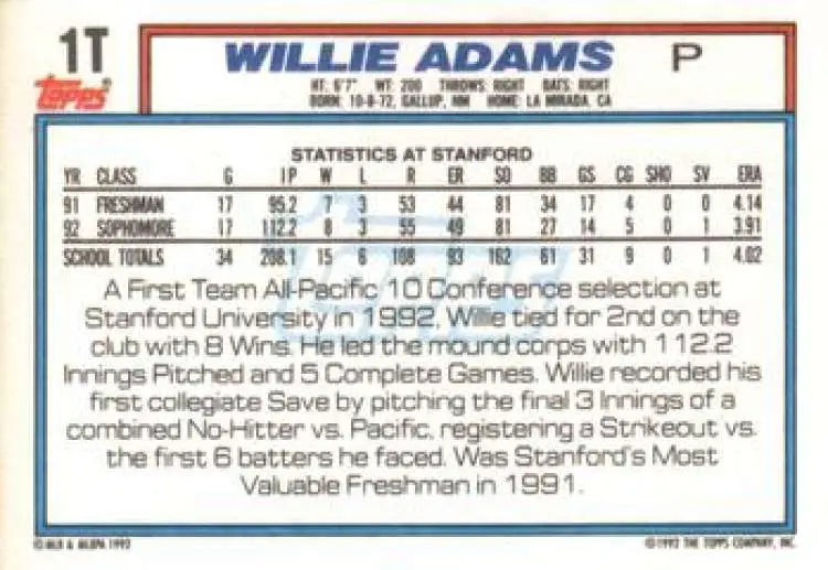 1992 Topps Traded #1T Willie Adams NM-MT RC Rookie USA Baseball Card - Baseball Card Single