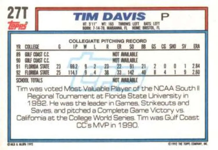 1992 Topps Traded #27T Tim Davis NM-MT RC Rookie USA Baseball Card - Baseball Card Single
