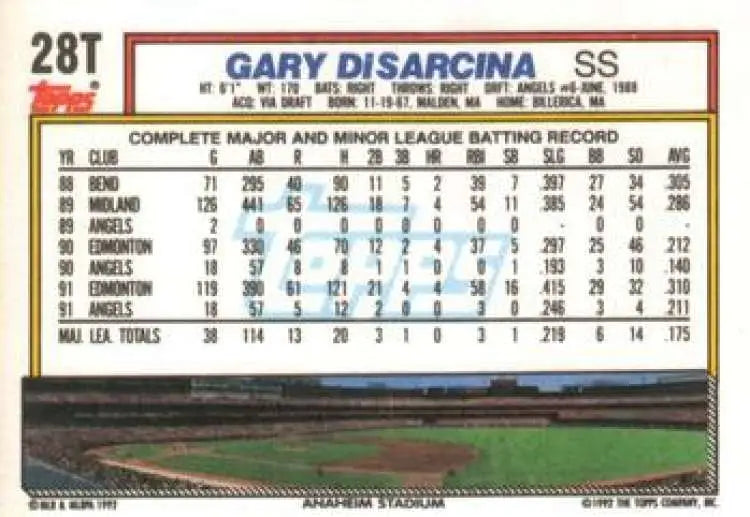 1992 Topps Traded #28T Gary DiSarcina NM-MT California Angels Baseball Card - Baseball Card Single