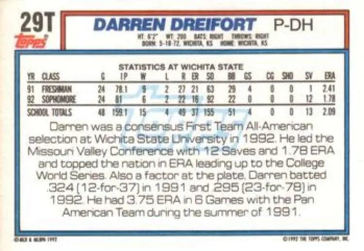1992 Topps Traded #29T Darren Dreifort NM-MT USA Baseball Card - Baseball Card Single