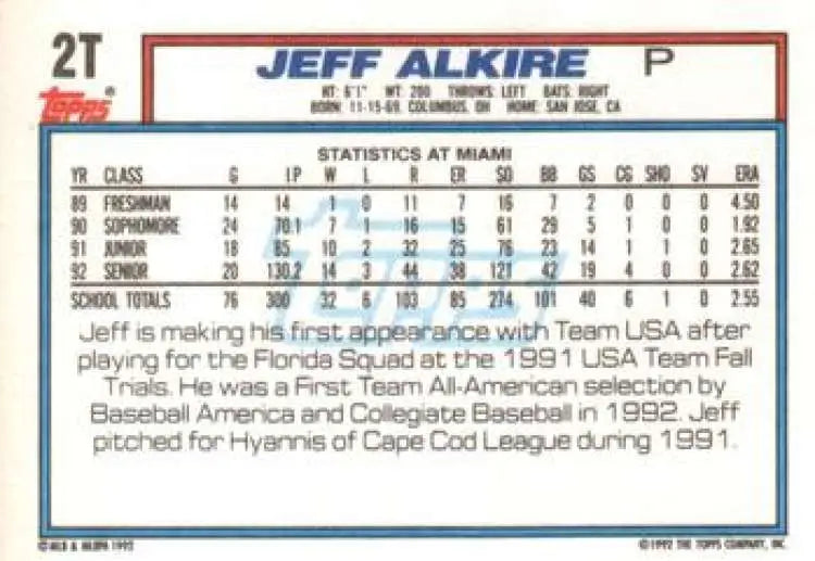 1992 Topps Traded #2T Jeff Alkire NM-MT RC Rookie USA Baseball Card - Baseball Card Single