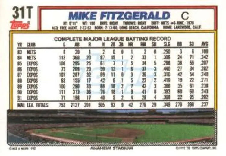 1992 Topps Traded #31T Mike Fitzgerald NM-MT California Angels Baseball Card - Baseball Card Single