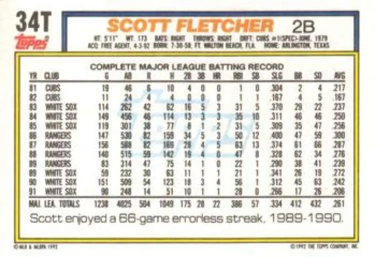 1992 Topps Traded #34T Scott Fletcher NM-MT Milwaukee Brewers Baseball Card - Baseball Card Single