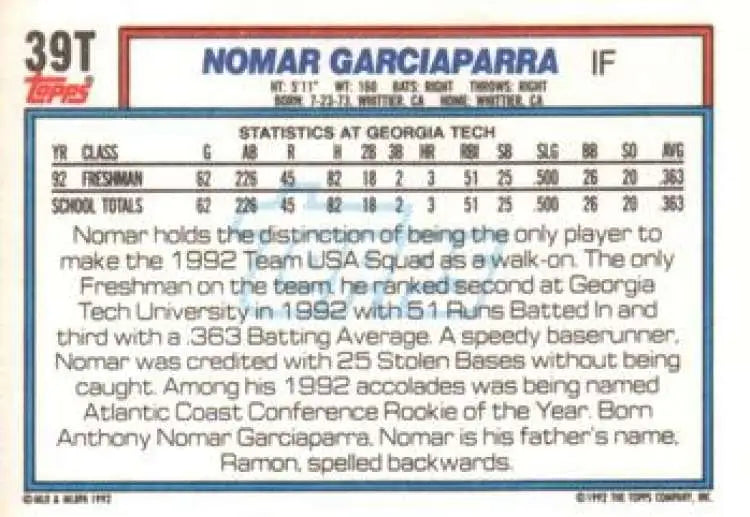 1992 Topps Traded #39T Nomar Garciaparra NM-MT RC Rookie USA Baseball Card - Baseball Card Single