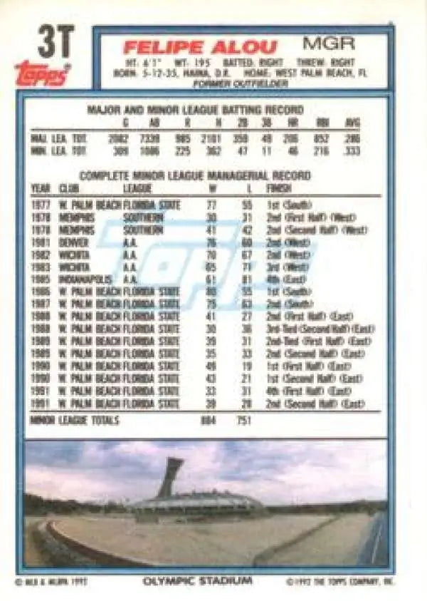 1992 Topps Traded #3T Felipe Alou NM-MT Montreal Expos Baseball Card - Baseball Card Single