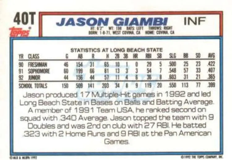 1992 Topps Traded #40T Jason Giambi NM-MT USA Baseball Card - Baseball Card Single