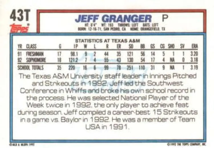 1992 Topps Traded #43T Jeff Granger NM-MT USA Baseball Card - Baseball Card Single