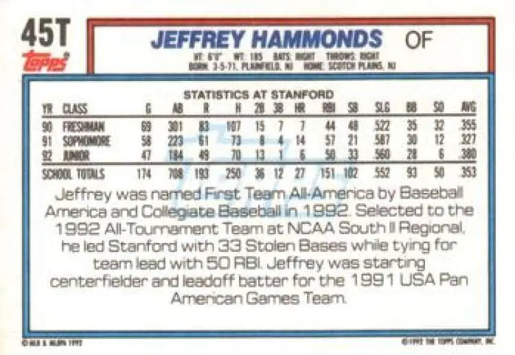 1992 Topps Traded #45T Jeffrey Hammonds NM-MT USA Baseball Card - Baseball Card Single