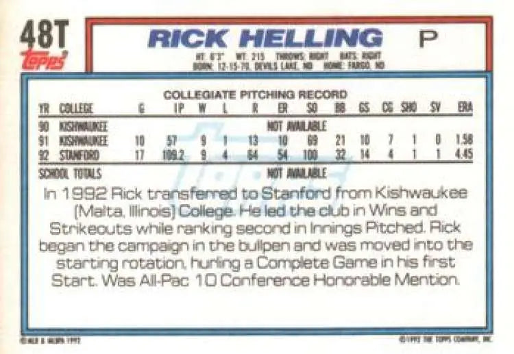 1992 Topps Traded #48T Rick Helling NM-MT USA Baseball Card - Baseball Card Single