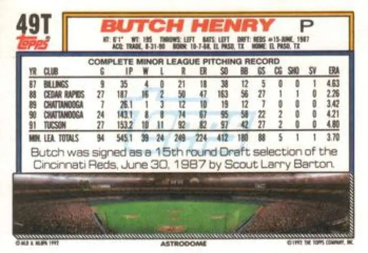 1992 Topps Traded #49T Butch Henry NM-MT RC Rookie Houston Astros Baseball Card - Baseball Card Single