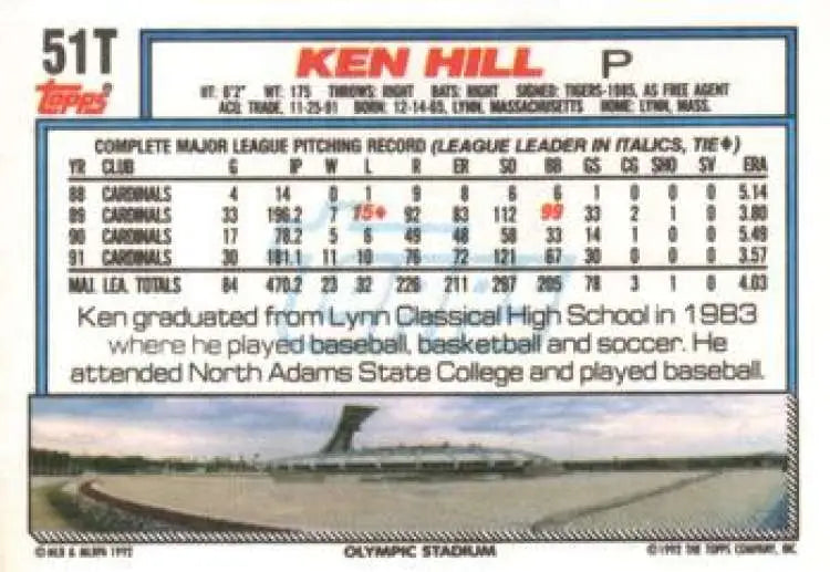 1992 Topps Traded #51T Ken Hill NM-MT Montreal Expos Baseball Card - Baseball Card Single