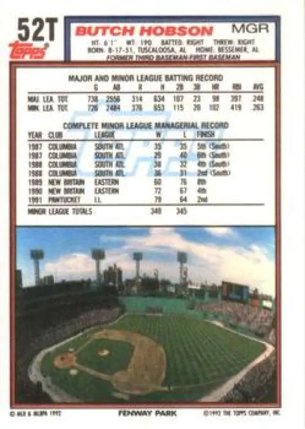 1992 Topps Traded #52T Butch Hobson NM-MT Boston Red Sox Baseball Card - Baseball Card Single