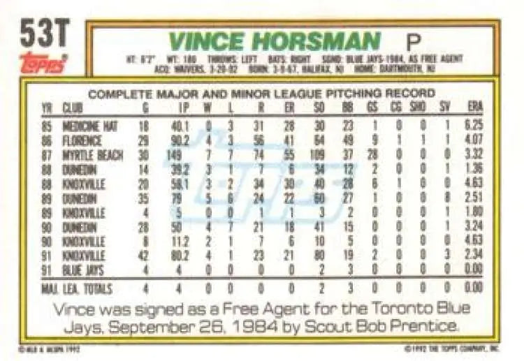 1992 Topps Traded #53T Vince Horsman NM-MT RC Rookie Oakland Athletics Baseball Card - Baseball Card Single