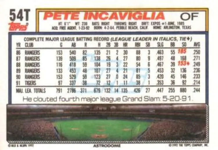 1992 Topps Traded #54T Pete Incaviglia NM-MT Houston Astros Baseball Card - Baseball Card Single